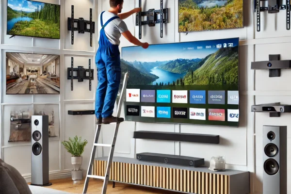 Expert technician installing various sizes of TVs with full-motion mounts, integrated home theater setup, and hidden cable management for a clutter-free environment.